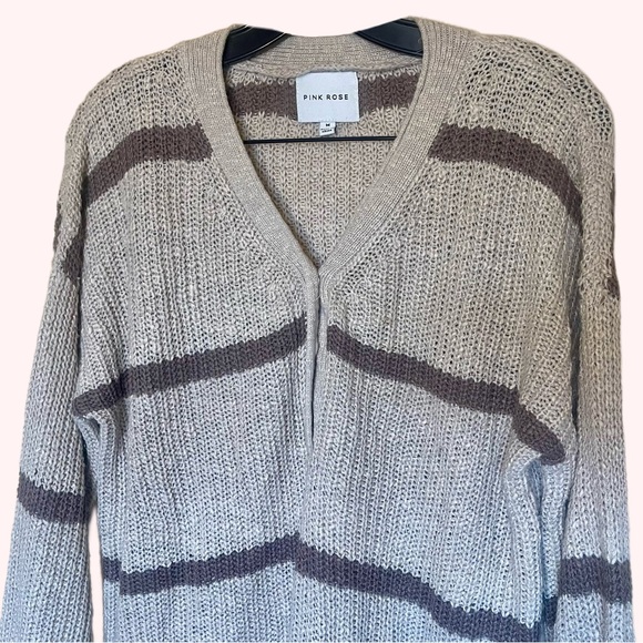 Pink Rose tan & brown striped half-button down oversized Knit Fall Sweater sizeM - Picture 3 of 9